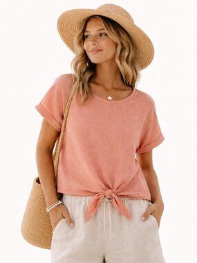 Cherishh 100% Linen Tie Front Blouse Peach Relaxed Fit Made in Italy